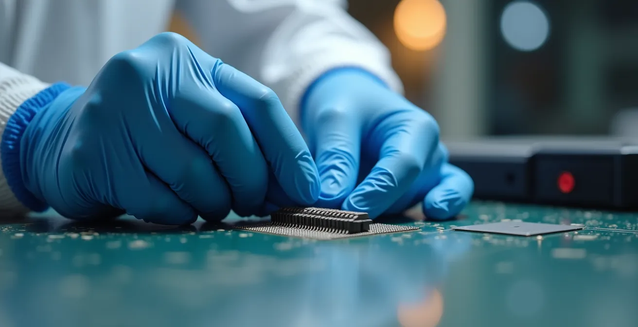 Human hands in ESD gloves carefully handling delicate electronic components