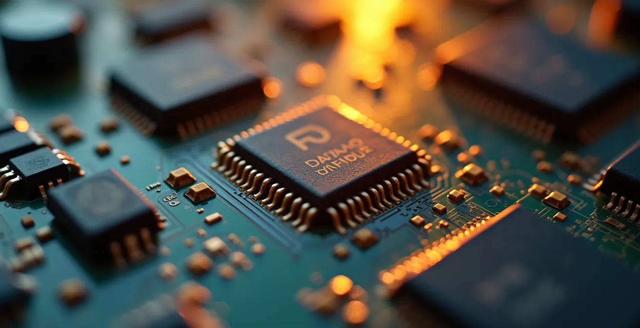 Extreme close-up of electronic circuit board showing vulnerable connection points