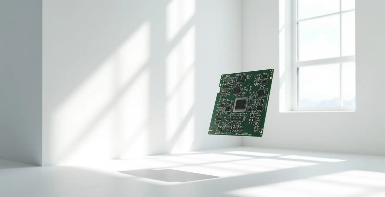 Wide environmental view of a cleanly organized double-sided PCB in an architectural space